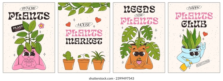 Afiches del mercado de plantas de la casa. Caracteres retro divertidos de flores y plantas. Estilo moderno de dibujos animados retro groovy. Ilustración vectorial.