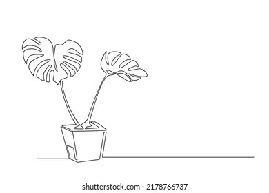 House Plant Monstera In Pot In Line Art Style.  Editable Stroke  Continuous One Line Handdrawn Of Beautiful Flower Isolated. Minimalist Vector Illustration Of Flower. Vector Drawing.