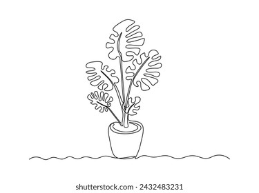 Haus Pflanze Monstera einzelne durchgehende Linie Zeichnung Vektor-Illustration. Prämienvektor