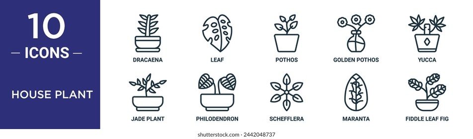 el conjunto de iconos de contorno de planta de la casa incluye dracaena de línea delgada, hoja, pothos, pothos dorados, yuca, planta de jade, iconos de filodendros para informe, presentación, diagrama, diseño web