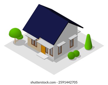 House with plant outside. 3D isometric illustration. Editable vector for banner, poster, presentation, infographic, website, apps, maps, and other uses.