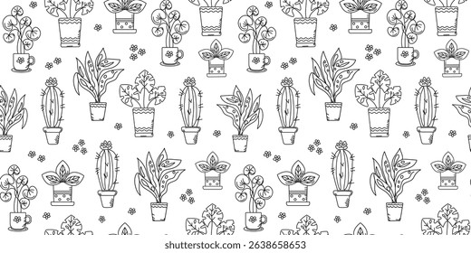 House plant pattern. Cute flowers, cacti, leaves, potted plants. Hand drawn illustration, doodle. Linear icons. Seamless black and white background.