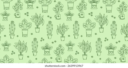 House plant pattern. Cute flowers, cacti, leaves, potted plants. Hand drawn illustration, doodle. Linear icons. Repeating background.