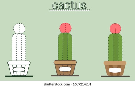 House plant in a planter. Vector outline illustration drawings of coloured indoor plant in a flowerpot isolated. Cactus