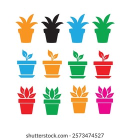 House plant in a pot Black and White silhouette on white background