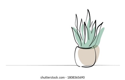 House plant in pot. Continuous one Line drawing. Isolated colored on White Background. Vector illustration.