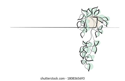 House plant in pot. Continuous one Line drawing. Isolated colored on White Background. Vector illustration.