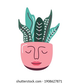 house plant in pot with cute face, scandinavian style vector illustration design