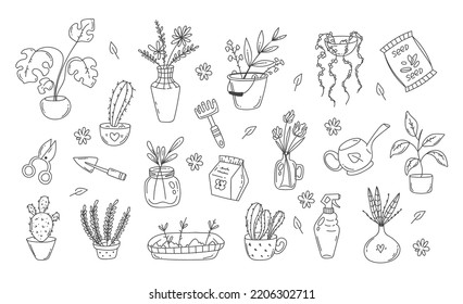 House plant pot decor doodle outline sketch design element abstract line art set