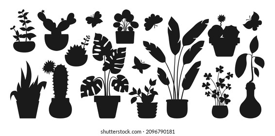 House Plant In Pot, Decorative Silhouette Set. Exotic Houseplants Flowerpot For Interior. Botanical House Indoor Blooming Plants, Flower, Cactus, Monstera, Aloe Potted Ceramic. Isolated Flat Vector