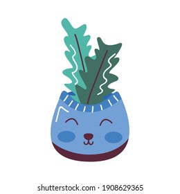 planta de casa en olla con gato facial, diseño de ilustración de vector estilo escandinavo