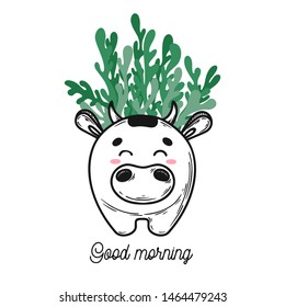 House plant in a pot with a muzzle of the animal. Cute cow face on the pot. Vector illustration