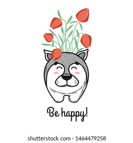 House plant in a pot with a muzzle of the animal. Cute muzzle wolf on the pot. Vector illustration