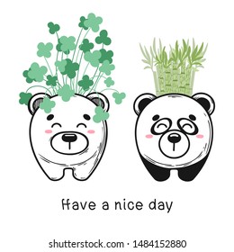 House plant in a pot with a muzzle of the animal. Cute muzzle on the pot. Vector illustration. Bear and panda