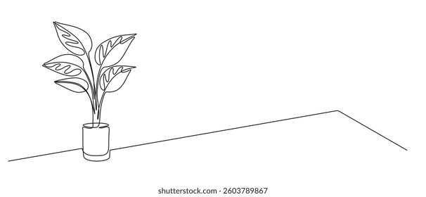 House plant in pot in one continuous line drawing. Flower in flowerpot for hygge scandinavian decor apartment in simple linear style. Editable stroke. Doodle outline vector illustration