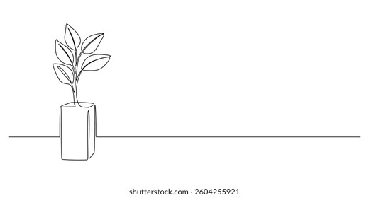 House plant in pot in one continuous line drawing. Flower in flowerpot for hygge scandinavian decor apartment in simple linear style. Editable stroke. Doodle monoline vector illustration