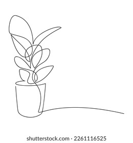 House plant in pot one line continuous drawing vector illustration. Hand drawn ficus linear icon. Green leaves silhouette. Minimal design, botanical print, banner, card, wall art poster, logo.