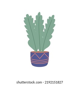 House plant in pot vase. Scandinavian cozy home decor. Flat vector cartoon illustration isolated on white