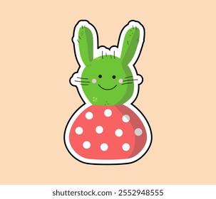House plant, potted plant sticker. Cartoon cactus .  Flowerin pot.  Ceramic pot. Vector illustration on isolated background.