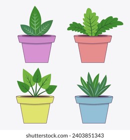 House plant set. Flower pot collection. Green leaves plants in pots. Interior houseplants in planters, baskets. Cute cartoon card. White background. Isolated. Flat design. Vector illustration