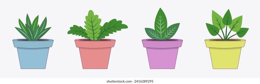 House plant set line. Flower pot collection. Green leaves plants in pots. Interior houseplants in planters, baskets. Cute cartoon card. White background. Isolated. Flat design. Vector illustration