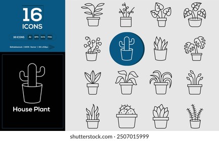 House Plant set of outline icons related to analysis, infographic, analytics. Editable stroke. Vector illustration.