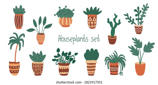 House plant set. Vector illustration potted plants isolated on white background. Flat hand drawn style with lines. Natural earthy colors.