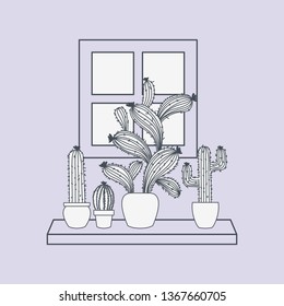 house plant in shelf with window scene