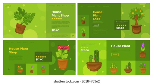 House plant shop, web page set design, vector illustration. Garden floral decoration at online store, flower pot. Landing banner with green botanical indoor home decor, flat cactus collection.