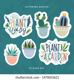 House plant sticker pack. Hand drawn scandinavian style illustrations and lettering on tropical background. Cactus and succulents in cartoon style, Motivation phrases, ready to print