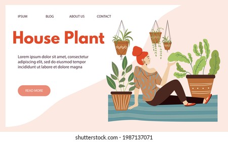 Plantilla del sitio web de la planta de la casa con la mujer descansando en el hogar, ilustración plana vectorial. Estilo de vida escandinavo de higge verde y concepto de selva urbana de página de inicio.