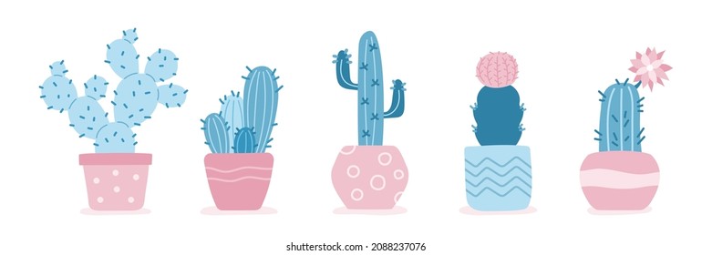 House plants, blue cacti in flat style. Set of cute cacti in flower pots. Cacti isolated. Blue, pink, white colors. Trendy hand-drawn Scandinavian cartoon doodles. Vector illustration.