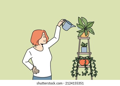 House plants and botany concept. Smiling woman standing and watering green growing house plants with can taking care vector illustration 