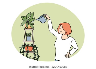 Plantas de casa y concepto botánico. Mujer sonriente parado y regando plantas de cultivo de plantas de plantas de cultivo verde con pueden cuidar la ilustración del vector