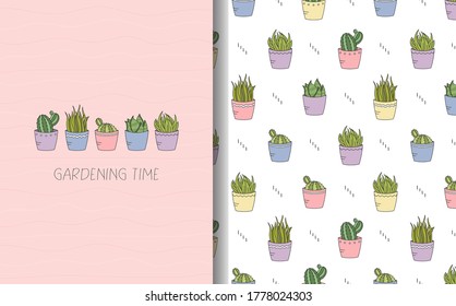 House plants card with text and seamless pattern set.