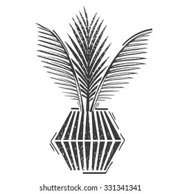 House plants: Chamaedorea. Vector. Lino cut. Black and white