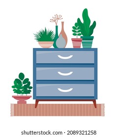 House plants and chest of drawers. Nature, botany interior decoration.  
 Coziness  room. Vector illustration