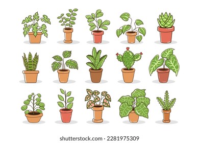 Colección de plantas de la casa. ilustración suculenta. ilustración vectorial dibujada a mano. Conjunto de dibujos animados de vectores de plantas interiores.