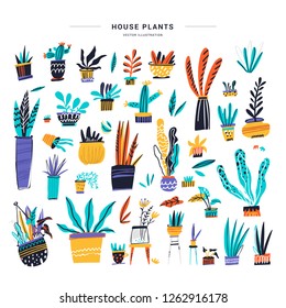 House plants color hand drawn illustrations set. Home decorations and interior design elements. House plants flat handdrawn cliparts. Flower pots sketch collection. Isolated scandinavian cartoon items