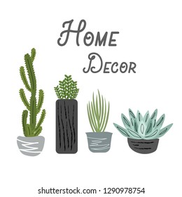 House plants color hand drawn illustration. Home decorations and interior design elements. House plants flat handdrawn clipart. Flower pots sketch composition. Isolated scandinavian cartoon items