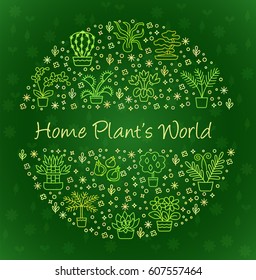 House plants concept for garden center, flower & florist shop. Green vector round illustration from symbols & signs in line style. Can be used for banner, flyer, layout, poster, web advertisement. 