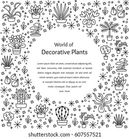 House plants concept for garden center, flower & florist shop. Vector round illustration from symbols & signs in line style. Can be used for banner, flyer, layout, poster, web advertisement.