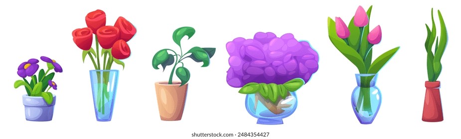 House plants with flower heads in pot and vase. Cartoon vector illustration set of green bushes and bouquets with leaves and blossom. Cute home decorative and holiday congratulation elements.