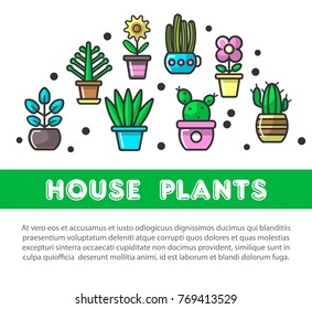 Hauspflanzen in Blumentöpfen Vektorgrafik-Dekoration Plakat für flache Linien