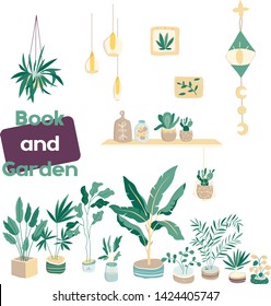 House plants. Flowerpot isolated objects, houseplant flower pot collection. Home garden clip art illustration. Colorful design. For banner, invete, sale shop, web icon. Hand drawn card