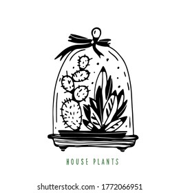 House plants, flowers black hand drawn. Isolated on white background. Handwriting font
