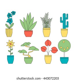 House plants and flowers in pots linear icon collection made in vector. 