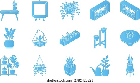 House plants and garden objects blue flat design icons set. various plant pots, watering can, terrarium, shelf.