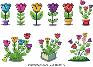 House plants grow in pots illustration set. Cartoon green houseplants