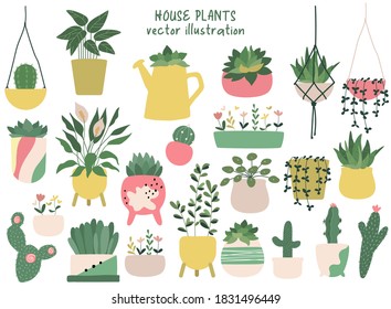 House plants hand drawn clipart set. Indoor plants in pots - peace lily, succulent, aloe vera, cacti, ficus, calathea. Cottage core. Home decorations and interior design elements. Flat. Scandinavian